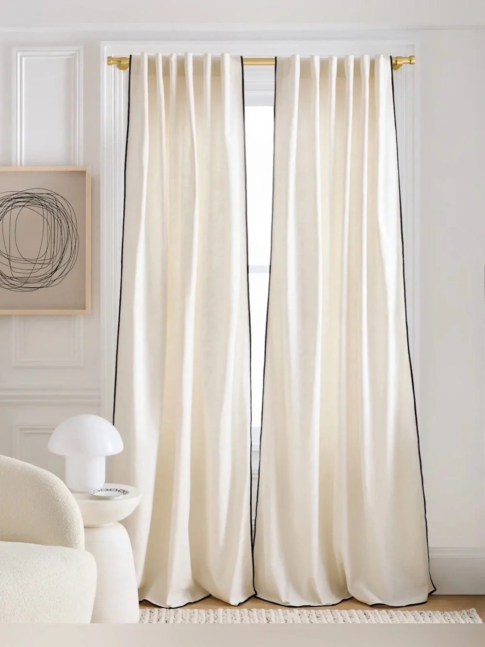 New Quince Ivory Cotton Curtain Black Piped 48 x 108” Light Filtering 1 Panel